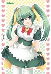 Rule 34 | 1girl, bad id, bad pixiv id, blush, bow, breasts, green hair, highres, long hair, maid, medium breasts, melon-chan, melonbooks, mizunashi kenichi, open mouth, smile, solo, thighhighs, twintails, white thighhighs, yellow bow