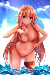 Rule 34 | 1girl, bare shoulders, bikini, blonde hair, blue sky, breast suppress, breasts, cleavage, cloud, collarbone, cowboy shot, day, elf, eyebrows, hand on breast, hand on own hip, hand on own chest, highres, large breasts, leaning forward, long hair, looking at viewer, navel, original, papa nene, parted lips, pointy ears, red bikini, red eyes, red ribbon, ribbon, side-tie bikini bottom, sky, smile, smug, solo, standing, stomach, summer, swimsuit, teeth, thigh strap, tsurime, very long hair, wading, water, water drop, wet, wet hair