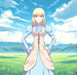 Rule 34 | 1girl, ahoge, artoria pendragon (all), artoria pendragon (fate), blonde hair, blue sky, casual, cloud, day, fate/stay night, fate (series), fateline alpha, field, grassy, green eyes, hair between eyes, hands on own hips, highres, juliet sleeves, long hair, long sleeves, mountain, official alternate costume, outdoors, puffy sleeves, saber (fate), scenery, sky, smile, solo, wide sleeves