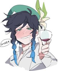 Rule 34 | 1boy, alcohol, black hair, blue hair, blush, cup, drinking glass, drooling, drunk, english text, fingernails, flower, genshin impact, gradient hair, green eyes, green hat, half-closed eyes, hat, hat flower, holding, holding cup, kawaiidani, male focus, multicolored hair, parted lips, simple background, sketch, solo, speech bubble, upper body, venti (genshin impact), white background, wine, wine glass