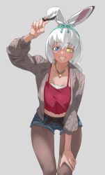 Rule 34 | 1girl, absurdres, alternate costume, animal ears, blue eyes, casual, commentary, grey background, grey jacket, grey pantyhose, grin, hand on own thigh, heterochromia, highres, jacket, jewelry, kemono friends, leaning forward, pantyhose under shorts, long hair, long sleeves, necklace, open clothes, open jacket, pantyhose, pantyhose under shorts, rabbit ears, rabbit girl, short shorts, shorts, simple background, smile, solo, tanabe (fueisei), thigh gap, tsukuyomi shinshi (kemono friends), white hair, yellow eyes