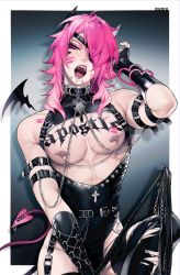 Rule 34 | 1boy, absurdres, bandages, demon boy, demon horns, demon tail, demon wings, ear piercing, eyepatch, fingerless gloves, gloves, highres, horns, large pectorals, looking at viewer, male focus, mazamuno, open mouth, original, pectorals, piercing, pink eyes, pink hair, solo, tail, tattoo, wings