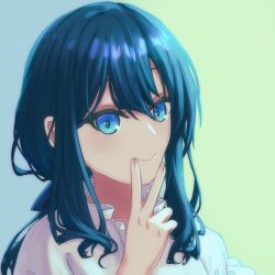 Rule 34 | 1girl, absurdres, alternate hair length, alternate hairstyle, blue background, blue eyes, closed mouth, collar, collarbone, commentary, dress, frilled collar, frilled sleeves, frills, gradient background, green background, hair between eyes, highres, kurokawa akane, long hair, looking at viewer, oshi no ko, portrait, puffy short sleeves, puffy sleeves, short sleeves, sidelocks, siki10ga, simple background, smile, solo, v, v over mouth, white dress