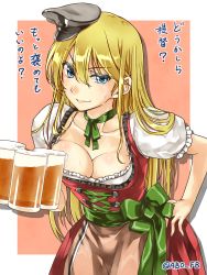 Rule 34 | 10s, 1girl, ?, abo (hechouchou), alcohol, beer, beer mug, bismarck (kancolle), blonde hair, blue eyes, breasts, cleavage, cup, dirndl, dress, drink, female focus, frilled dress, frills, german clothes, hair between eyes, hand on own hip, hat, highres, holding, kantai collection, large breasts, leaning, leaning forward, long hair, looking at viewer, military hat, mug, naughty face, neck, neck ribbon, peaked cap, puffy sleeves, ribbon, short sleeves, simple background, smile, solo, sweat, sweatdrop, translated, twitter username, upper body