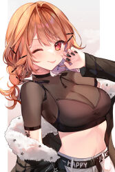 Rule 34 | 1girl, ;p, bad id, bad pixiv id, black jacket, black nails, black shirt, braid, breasts, brown hair, cleavage, commentary request, covered collarbone, crop top, fur-trimmed jacket, fur trim, hair ornament, hairclip, hand up, hinotori mera, jacket, long hair, long sleeves, looking at viewer, medium breasts, midriff, nail polish, navel, off shoulder, one eye closed, open clothes, open jacket, pants, propro production, red eyes, see-through, see-through cleavage, shirt, short sleeves, sleeves past wrists, solo, taya oco, tongue, tongue out, virtual youtuber, white pants
