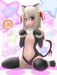 Rule 34 | 1girl, :&lt;, animal ears, bell, black gloves, black thighhighs, cameltoe, cat ears, cat tail, dangeroes beast (illya), elbow gloves, fate/kaleid liner prisma illya, fate (series), flat chest, gloves, hair bell, hair ornament, hair ribbon, highres, illyasviel von einzbern, long hair, looking at viewer, no shoes, official alternate costume, open mouth, paw pose, pink eyes, polka dot, ribbon, silver hair, siraha, sitting, solo, star (symbol), tail, tail ornament, tail ribbon, thighhighs, wariza