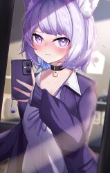 Rule 34 | 1girl, absurdres, animal ear fluff, animal ears, blue hair, blush, breasts, cat ears, cat girl, cellphone, collared shirt, colored inner hair, highres, holding, holding phone, hololive, jacket, large breasts, looking at mirror, medium hair, mirror, multicolored hair, naked shirt, nekomata okayu, nekomata okayu (oversized shirt), netillustrator, phone, purple eyes, purple hair, purple jacket, purple ribbon, ribbon, shirt, virtual youtuber