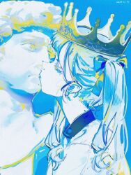 Rule 34 | 1girl, blue background, blue hair, bust (sculpture), closed eyes, commentary, crown, english commentary, john kafka, long hair, mole, mole on neck, object kiss, original, profile, solo, twintails, upper body