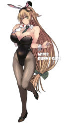 Rule 34 | 1girl, absurdres, animal ears, bare shoulders, between breasts, black footwear, black leotard, black pantyhose, blonde hair, breasts, card, character name, collar, commentary request, detached collar, fake animal ears, full body, girls&#039; frontline, green eyes, green neckwear, hair between eyes, high heels, highres, holding, holding card, kojima (blue stardust), large breasts, leg up, leotard, long hair, low-tied long hair, m1918 (bunny girl) (girls&#039; frontline), m1918 (girls&#039; frontline), official alternate costume, open mouth, pantyhose, playboy bunny, playing card, rabbit ears, revision, standing, strapless, strapless leotard, very long hair, white background, wrist cuffs