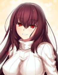 Rule 34 | 1girl, absurdres, breasts, fate/grand order, fate (series), hair intakes, highres, large breasts, long hair, looking at viewer, parted lips, purple hair, red eyes, ribbed sweater, scathach (fate), smile, solo, sweater, teeth, turtleneck, turtleneck sweater, upper body, yoshida takuma