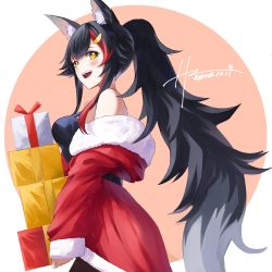 Rule 34 | 1girl, absurdres, alternate costume, alternate hairstyle, animal ears, belt, black hair, black shirt, breasts, brown eyes, carrying, cowboy shot, dated, dress, from side, fur-trimmed dress, fur trim, gift, hair ornament, high ponytail, highres, holding, holding gift, hololive, hz (helu 2), large breasts, long hair, looking at viewer, medium breasts, messy hair, multicolored hair, off shoulder, ookami mio, open mouth, santa costume, shirt, sidelocks, signature, simple background, sleeves past wrists, smile, solo, streaked hair, tank top, very long hair, virtual youtuber, wolf ears