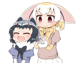 Rule 34 | 10s, 2girls, :d, ^ ^, animal ears, black hair, blonde hair, blue shirt, blush, brown eyes, closed eyes, closed mouth, commentary request, common raccoon (kemono friends), closed eyes, fennec (kemono friends), fox ears, fur collar, gloves, grey hair, happy, kemono friends, looking at another, multicolored hair, multiple girls, open mouth, pink sweater, puffy sleeves, raccoon ears, shirt, simple background, skirt, smile, sweater, thick eyebrows, toshi mellow-pretty, white background, white gloves, white hair, white skirt