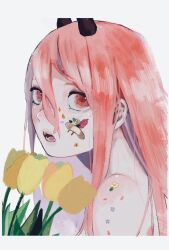 Rule 34 | 1girl, bandaid, bandaid on cheek, bandaid on face, bare shoulders, chainsaw man, commentary, flower, from side, gurukousu, hair between eyes, highres, horns, long hair, looking at viewer, open mouth, pink eyes, pink hair, portrait, power (chainsaw man), solo, tulip