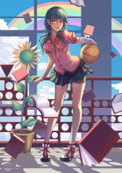 Rule 34 | 10s, 1girl, ball, bandages, basketball, basketball (object), bike shorts, black hair, blouse, book, breasts, brown eyes, cloud, contrapposto, artistic error, flower, hair ribbon, hanamonogatari, holding, kanbaru suruga, leaning forward, long hair, looking at viewer, madyy, miniskirt, monogatari (series), open book, open mouth, orange eyes, plant, pleated skirt, potted plant, railing, rainbow, ribbon, school uniform, shirt, shoes, short sleeves, skirt, sky, sleeves rolled up, small breasts, smile, solo, standing, sunflower, twintails