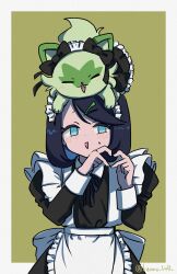 Rule 34 | 1girl, :d, absurdres, alternate costume, apron, black dress, black hair, blush, border, clothed pokemon, commentary request, creatures (company), dress, enmaided, eyelashes, finger heart, game freak, green background, green eyes, hair ornament, hairclip, highres, kanno 0v0, liko (pokemon), long sleeves, maid, maid headdress, nintendo, no pupils, on head, open mouth, outside border, pokemon, pokemon (anime), pokemon (creature), pokemon horizons, pokemon on head, smile, sprigatito, sweatdrop, swept bangs, twitter username, waist apron, white apron, white border