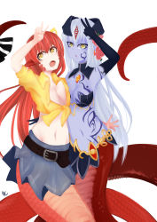 Rule 34 | 2girls, alipheese fateburn xvi, artist name, belt, black gloves, black ribbon, blue skin, breasts, colored skin, downscaled, fang, flower, gloves, hair between eyes, hair flower, hair ornament, highres, horns, lamia, long hair, looking at viewer, midriff, miia (monster musume), miniskirt, mon-musu quest!, monster girl, monster musume no iru nichijou, multiple girls, navel, open mouth, pointy ears, red hair, resized, ribbon, rumi cha, scales, shirt, skirt, slit pupils, snake tail, tail, tail ornament, tail ribbon, tattoo, third-party source, tied shirt, trait connection, v, white background, white hair, yellow eyes
