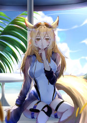 Rule 34 | 1girl, absurdres, alternate hairstyle, animal ear fluff, animal ears, arknights, as yinshimao, blonde hair, blue sky, blush, brown eyes, cloud, commentary, competition swimsuit, covered navel, day, eyewear on head, feet out of frame, hair between eyes, hair down, hand up, highres, horse girl, index finger raised, knee pads, large tail, long hair, long sleeves, looking at viewer, nearl (arknights), nearl (shimmering dew) (arknights), official alternate costume, one-piece swimsuit, sitting, sky, smile, solo, sunglasses, swimsuit, swimsuit cover-up, tail, thigh strap, thighs, white one-piece swimsuit