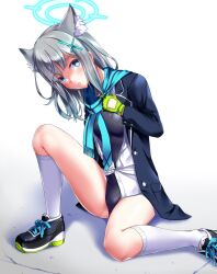 Rule 34 | 1girl, animal ear fluff, animal ears, black one-piece swimsuit, blue archive, blue eyes, blue scarf, blush, breasts, competition swimsuit, cross, cross hair ornament, extra ears, grey hair, hair ornament, halo, highres, inverted cross, jacket, kneehighs, long hair, long sleeves, looking at viewer, medium breasts, medium hair, mismatched pupils, multicolored clothes, multicolored swimsuit, one-piece swimsuit, open clothes, open jacket, scarf, school swimsuit, school uniform, shiroko (blue archive), shirt, simple background, sitting, socks, solo, swimsuit, swimsuit under clothes, thighs, tsuchimiya, white background, white shirt, wolf ears