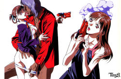 Rule 34 | 1990s (style), 1boy, 1girl, a kite, age difference, akai (kite), artbook, ass, ass grab, assisted exposure, breasts, breasts out, brown hair, earrings, grabbing, groping, gun, handgun, hetero, jewelry, licking another&#039;s face, long hair, looking at viewer, nipples, official art, older man and younger girl, open clothes, panties, panty pull, pistol, purple hair, red eyes, retro artstyle, sawa (kite), scan, size difference, tongue, umetsu yasuomi, underwear, undressing, weapon