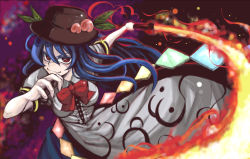 Rule 34 | 1girl, bad id, bad pixiv id, blue hair, female focus, fire, food, fruit, grin, hat, highres, hinanawi tenshi, peach, red eyes, smile, solo, sword, sword of hisou, touhou, uousa-ou, weapon