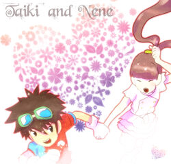 Rule 34 | 1boy, 1girl, amano nene (digimon xros wars), closed eyes, couple, digimon, digimon (creature), goggles, goggles on head, highres, holding hands, kudou taiki