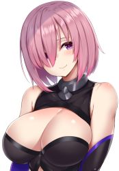 Rule 34 | 1girl, blush, breasts, cleavage, cleavage cutout, clothing cutout, fate/grand order, fate (series), hair over one eye, highres, large breasts, leotard, light purple hair, looking at viewer, mash kyrielight, mitsukazu (nijigen complex), purple eyes, short hair, simple background, solo, white background