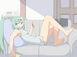Rule 34 | 1girl, bad id, bad pixiv id, barefoot, commentary, couch, feet, food, food in mouth, green eyes, green hair, hatsune miku, holding, holding food, indoors, unworn legwear, long twintails, lying, no pants, on back, panties, panty peek, phone, pillow, reclining, salpin, skirt, unworn skirt, sleeveless, soles, solo, toes, twintails, underwear, vocaloid