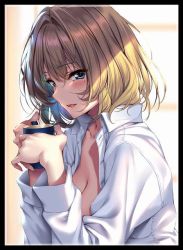 Rule 34 | 1girl, blue eyes, breasts, brown hair, cup, eyebrows hidden by hair, from side, hair between eyes, holding, holding cup, idolmaster, idolmaster cinderella girls, looking at viewer, open clothes, open mouth, piromizu, shirt, smile, solo, takagaki kaede, upper body