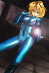 Rule 34 | 1girl, bad id, bad pixiv id, blonde hair, bodysuit, boots, breasts, card, cecilia lynne adelhyde, cosplay, crossover, earrings, gloves, green eyes, hairband, highres, holding, holding card, jewelry, knee boots, large breasts, latex, lips, looking at viewer, magic, metroid, navel, nintendo, piiko, pointing, red hairband, samus aran, samus aran (cosplay), short hair, skin tight, smile, solo, wild arms, wild arms 1, zero suit