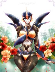 Rule 34 | 1girl, arcee, arcee (prime), autobot, bikini, blue eyes, breasts, clothed robot, flower, hand on own chin, highres, mecha, mecha girl, nor, robot, swimsuit, transformers, transformers prime