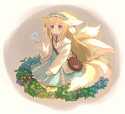 Rule 34 | 1girl, animal ear fluff, animal ears, arknights, bag, blonde hair, blue butterfly, blue hairband, blue skirt, blush, brown bag, bug, butterfly, cardigan, commentary, cross-laced clothes, cross-laced skirt, cross-laced slit, fox ears, fox girl, fox tail, frilled hairband, frills, full body, green eyes, hair ornament, hair scrunchie, hairband, handbag, high-waist skirt, highres, insect, kitsune, kyuubi, long hair, long sleeves, multiple tails, neck ribbon, official alternate costume, open cardigan, open clothes, open mouth, puffy long sleeves, puffy sleeves, red ribbon, revision, ribbon, round bag, scrunchie, seiza, shirt, shoulder bag, sitting, skirt, solo, suzuran (arknights), suzuran (spring praise) (arknights), tail, vita (mitac), white shirt, yellow cardigan