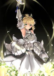 Rule 34 | 1girl, armor, armored dress, armpits, artoria pendragon (fate), black background, black bow, blonde hair, blush, bow, breastplate, closed mouth, dress, excalibur (fate/stay night), fate/grand order, fate (series), flower, gauntlets, gloves, green eyes, hair bow, highres, holding, holding sword, holding weapon, kouno (uiyoyo199), lily (flower), looking at viewer, pixiv fate/grand order contest 2, ponytail, saber lily, short hair, smile, solo, sword, weapon, white dress