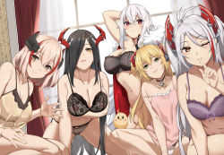 Rule 34 | 5girls, admiral hipper (azur lane), arm under breasts, arm up, azur lane, bare shoulders, black bra, black hair, black panties, blonde hair, bra, breasts, cape, choker, cleavage, closed mouth, curtains, friedrich der grosse (azur lane), fur trim, graf zeppelin (azur lane), green eyes, hair over one eye, headgear, horns, indoors, large breasts, lingerie, long hair, looking at viewer, mechanical horns, mole, mole on breast, multiple girls, naha78, navel, nightgown, one eye closed, panties, pov, prinz eugen (azur lane), purple bra, red eyes, roon (azur lane), short hair, smile, two side up, underwear, very long hair, white hair, window, yellow eyes