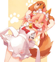 Rule 34 | 1girl, animal ear fluff, animal ears, animal print, apron, armpits, arms behind head, arms up, bare shoulders, bell, bikini, blush, bow, breasts, cat hair ornament, collar, cow print, fangs, fate/extra, fate/grand order, fate (series), fox ears, fox girl, fox tail, frills, hair between eyes, hair bow, hair ornament, highres, jingle bell, large breasts, long hair, looking at viewer, neck bell, open mouth, paw print, pink hair, ponytail, red bow, sideboob, sidelocks, smile, solo, sorrau, swimsuit, tail, tamamo (fate), tamamo cat (fate), tamamo cat (third ascension) (fate), thighs, white apron, white bikini, yellow eyes