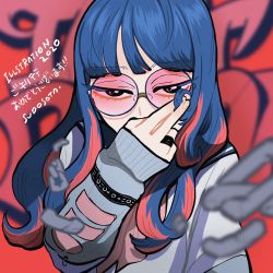 Rule 34 | 1girl, 2020, blue hair, broken, broken chain, chain, chain, covered mouth, glasses, hand up, highres, illustration.media, long hair, looking at viewer, multicolored hair, original, pink-tinted eyewear, pink hair, red-tinted eyewear, red-tinted glasses, round eyewear, shadow, solo, sota 96, streaked hair, sunglasses, tinted eyewear, upper body