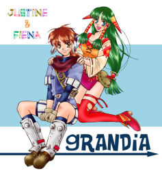 Rule 34 | 1boy, 1girl, :d, character name, copyright name, feena (grandia), grandia, grandia i, green hair, hair tubes, hands on shoulders, justin (grandia), kneeling, layered sleeves, long hair, low-tied long hair, open mouth, red footwear, red hair, red thighhighs, scarf, setuga, shoes, simple background, sitting, smile, thighhighs, v arms