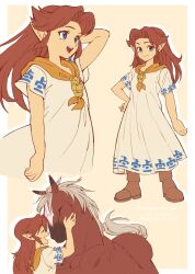 Rule 34 | 1girl, blue eyes, epona, hand on own hip, highres, horse, malon, nintendo, open mouth, pointy ears, red hair, smile, takapon-o-ji, the legend of zelda, the legend of zelda: ocarina of time