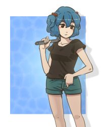 Rule 34 | 1girl, alternate costume, bad id, bad pixiv id, blue hair, casual, contemporary, female focus, hair bobbles, hair ornament, hikimaru, kawashiro nitori, mosaic background, no headwear, no headwear, red eyes, shorts, solo, standing, touhou, twintails, two side up, wrench