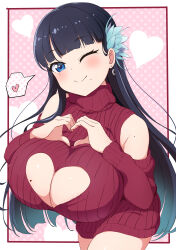 Rule 34 | 1girl, absurdres, aqua hair, black hair, blue eyes, blunt bangs, blunt ends, breasts, cleavage, cleavage cutout, clothing cutout, commentary request, detached sleeves, earrings, flower, gradient hair, hair flower, hair ornament, heart, heart cutout, heart hands, highres, hime cut, huge breasts, jewelry, large breasts, looking at viewer, meme attire, mole, mole on breast, mole under eye, mole under mouth, multicolored hair, original, red sweater, ribbed sweater, sakamata (sakamata4), solo, spoken heart, sweater, two-tone hair