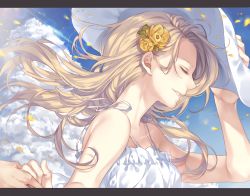 Rule 34 | 1girl, day, dress, closed eyes, holding hands, hand on headwear, hat, koubou, light brown hair, long hair, original, parted lips, petals, sky, white dress, wind