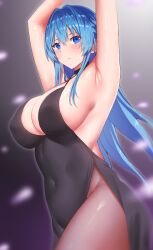 Rule 34 | 1girl, :/, absurdres, arind yudha, armpits, arms up, backless dress, backless outfit, black dress, blue eyes, blue hair, blush, breasts, cleavage, closed mouth, covered navel, dress, goddess of victory: nikke, gradient background, hair intakes, helm (nikke), highres, large breasts, long hair, looking at viewer, purple background, side slit, sideboob, solo, thighs