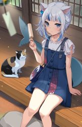 Rule 34 | 1girl, animal, animal ears, bag, blue dress, blue eyes, blue hair, blunt bangs, buttons, cat, cat ears, commentary request, dress, eating, fins, fish tail, food, gawr gura, gawr gura (casual), hair ornament, highres, holding, hololive, hololive english, icomochi, looking at viewer, multicolored hair, official alternate costume, popsicle, shark tail, short sleeves, side ponytail, sitting, solo, tail, thighs, two-tone hair, virtual youtuber, white hair