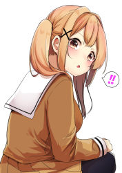 Rule 34 | !, !!, 1girl, :o, bang dream!, black pantyhose, blush, breasts, brown eyes, brown hair, brown shirt, brown skirt, commentary request, hair intakes, hair ornament, ichigaya arisa, long hair, long sleeves, looking at viewer, looking to the side, medium breasts, minato yu, pantyhose, parted lips, pleated skirt, sailor collar, shirt, sidelocks, simple background, skirt, sleeves past wrists, solo, twintails, white background, white sailor collar, x hair ornament