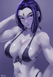 Rule 34 | 1girl, arm behind head, bare shoulders, bikini, black bikini, blush, breasts, cleavage, closed mouth, collarbone, colored skin, dc comics, expressionless, forehead jewel, front-tie bikini top, front-tie top, goth fashion, gradient background, grey skin, halterneck, hand on own hip, highres, large breasts, looking at viewer, medium hair, mole, mole on breast, navel, nose, parted bangs, purple background, purple eyes, purple hair, purple lips, raven (dc), simple background, solo, superhero costume, swimsuit, teen titans, ultrabinou, upper body