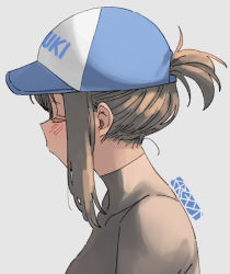 Rule 34 | 1girl, baseball cap, black shirt, blush, brown hair, closed eyes, clothes writing, commentary request, ergot, from side, fubuki (kancolle), grey background, hat, kantai collection, official alternate costume, ponytail, portrait, profile, shirt, short ponytail, sidelocks, signature, simple background, solo, undershirt