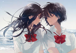 Rule 34 | 2girls, ahoge, black hair, blue sky, bow, bowtie, brown eyes, closed mouth, collarbone, day, eye contact, floating hair, fly 333, horizon, long hair, looking at another, multiple girls, ocean, original, parted lips, profile, red bow, red bowtie, school uniform, shirt, short hair, short sleeves, sky, upper body, water, white shirt, wind, yuri