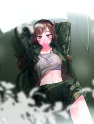 Rule 34 | 108 127, 1girl, arms behind head, arms up, bad id, bad pixiv id, blurry, bored, breasts, brown eyes, brown hair, blowing bubbles, camouflage, chewing gum, clothes lift, collarbone, crop top, crossed legs, d.va (overwatch), depth of field, dog tags, facepaint, facial mark, grey shirt, headphones, highres, legs together, long hair, long sleeves, looking at viewer, lying, matching hair/eyes, mecha, medium breasts, meka (overwatch), midriff, military, navel, on back, open clothes, open shirt, overwatch, overwatch 1, pants, robot, shirt, shirt lift, signature, solo, sports bra, whisker markings