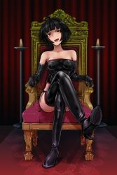 Rule 34 | 1girl, bare shoulders, black footwear, black gloves, black hair, boots, dominatrix, elbow gloves, gloves, head tilt, high heel boots, high heels, highres, crossed legs, looking at viewer, masurawo3938, open mouth, original, red carpet, red curtains, red eyes, shoe soles, short hair, smirk, sneer, solo, thigh boots, thighhighs, throne, v-shaped eyebrows