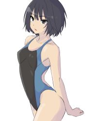 Rule 34 | 1girl, absurdres, amagami, black hair, black one-piece swimsuit, breasts, brown eyes, commentary request, competition swimsuit, highleg, highleg swimsuit, highres, medium breasts, nanasaki ai, one-piece swimsuit, short hair, simple background, solo, swimsuit, usagii!, white background