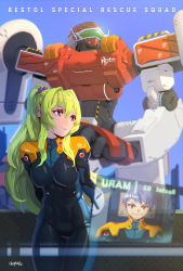 Rule 34 | 1boy, 1girl, absurdres, cockpit, commentary, copyright name, english commentary, green hair, highres, hologram, kang maru, looking to the side, looking up, mar10, mecha, mia lilienthal, pilot suit, ponytail, purple eyes, purple hair, restol machine 3, restol special rescue squad, robot, science fiction, visor